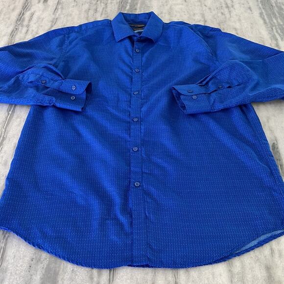 Ruffini Black Label L 16/16.5 Slim Fit Blue Tiny Print Button Down Shirt Italy - Picture 4 of 7